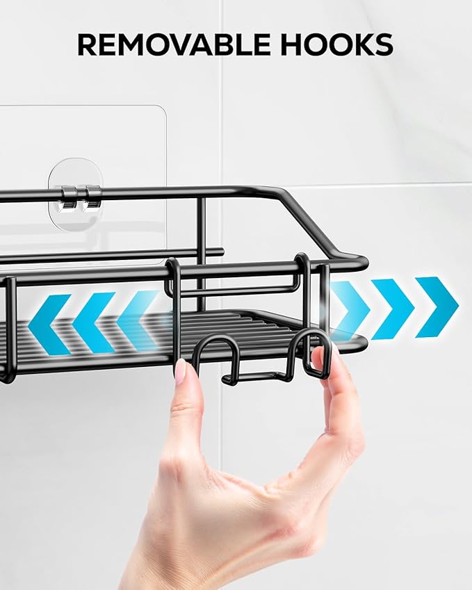 Nieifi Shower Caddy Shelf with Hooks Storage Rack Organizer Adhesive Stainless Steel Without Drilling for Bathroom, Lavatory, Washroom, Restroom, Shower, Toilet, Kitchen - 2 Pack (Black)