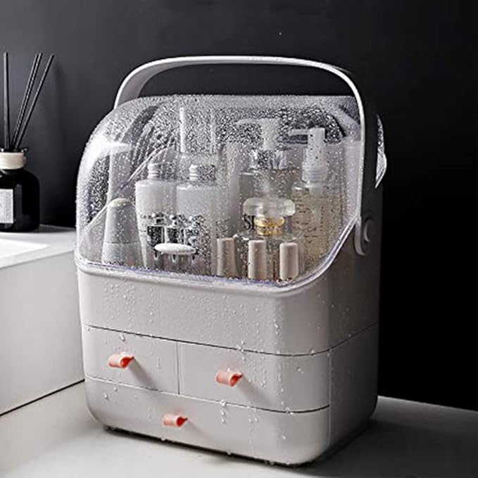 LINFIDITE Cosmetic Storage Box with Lid Waterproof&Dustproof Makeup Organizer Box Portable Handle,Large Makeup Display Case with Drawers Fully Open Lid,Great for Bathroom Countertop Bedroom Dresser