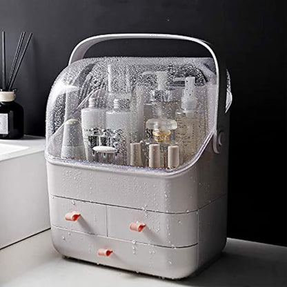 LINFIDITE Cosmetic Storage Box with Lid Waterproof&Dustproof Makeup Organizer Box Portable Handle,Large Makeup Display Case with Drawers Fully Open Lid,Great for Bathroom Countertop Bedroom Dresser