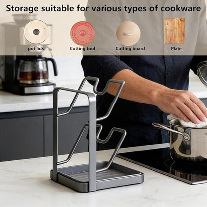 Pot Lid Organizer Rack, Kitchen Pot Lid Storage Rack, Carbon Steel 2-Tier Lids Holder with Detachable Drip Tray While Cooking, Pot Lid Holder Countertop, Multifunctional Space-Saving