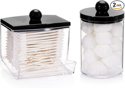 Tbestmax 2 Pack Qtips Dispenser - Bathroom Organizers and Storage Containers, Plastic Apothecary Jars with Black Lids for Cotton Swab, Cotton Round Pads, Floss