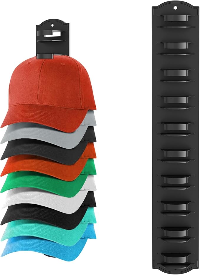 Hat Rack for Baseball Caps on the Wall, Adhesive Hat Storage Organizer, Ball Cap Hooks Display, Vertical Hat Hanger Holder for Door and Closet, Hold Up to 10 Hats, Black, 1 Pack