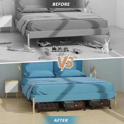 Under Bed Storage with Wheels 47.2"(L)/57.6L Large Rolling Under Bed Storage, Metal Underbed Containers on Wheels, Tool-Free Assembly Foldable Metal Underbed Drawers for Shoes Clothes Toys