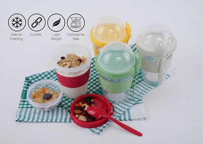 LEVKO Go Cereal Crunch Breakfast Yogurt Cups with Lids and Spoon Reusable Smoothie Oatmeal Container Snack Prep Bowl (SET OF 4 RED YELLOW GREEN WHITE)