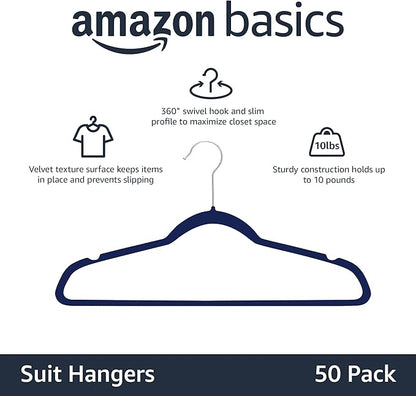 Amazon Basics Slim Velvet Non-Slip Space Saving Suit Clothes Hangers for Closet Organization, Navy Blue/Silver, 50-Pack