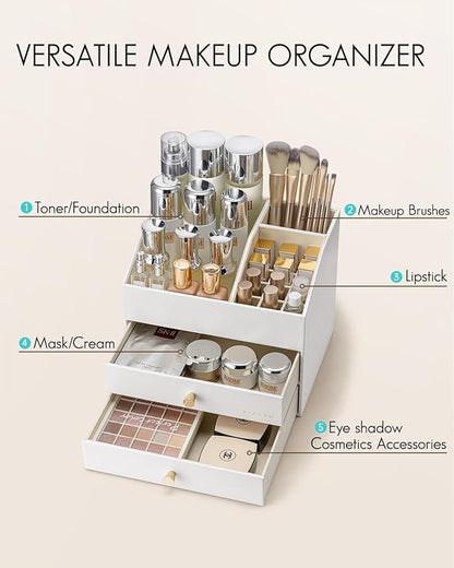 VLANDO Makeup Organizer for Vanity,Large Capacity Countertop Organizer with Drawers, PU Leather Cosmetic Display Case for Lipstick,Brushes,Skincare,Nail polish and Bedroom Storage (White)
