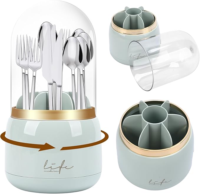 360° Rotating Silverware Utensil Holder for Kitchen Counter, Spoon and Fork Holder with Cover, Cooking Utensil Organizer with 7 Slots and Intermediate Drainage Device for Kitchen Decor(Green)