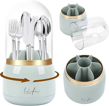 360° Rotating Silverware Utensil Holder for Kitchen Counter, Spoon and Fork Holder with Cover, Cooking Utensil Organizer with 7 Slots and Intermediate Drainage Device for Kitchen Decor(Green)