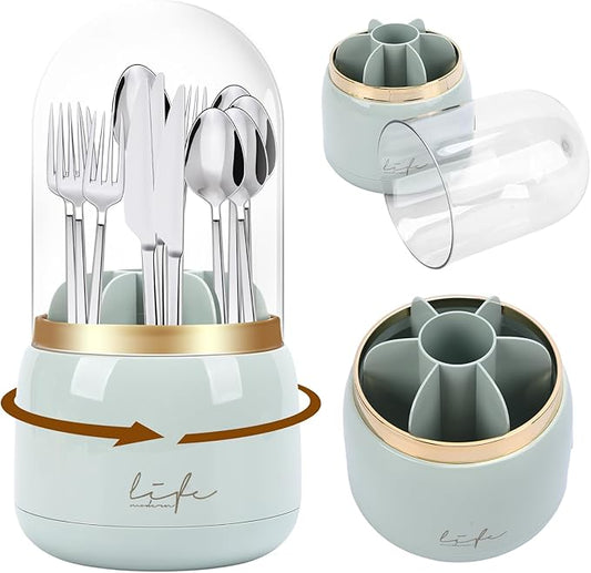 360° Rotating Silverware Utensil Holder for Kitchen Counter, Spoon and Fork Holder with Cover, Cooking Utensil Organizer with 7 Slots and Intermediate Drainage Device for Kitchen Decor(Green)