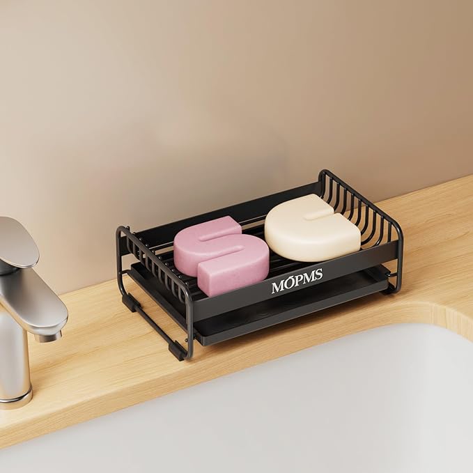 Soap Dish for Shower, Carbon Steel Bar Soap Holder with Drainage and Water Tray, Soap Saver for Bathroom, Kicthen Sink and Countertop