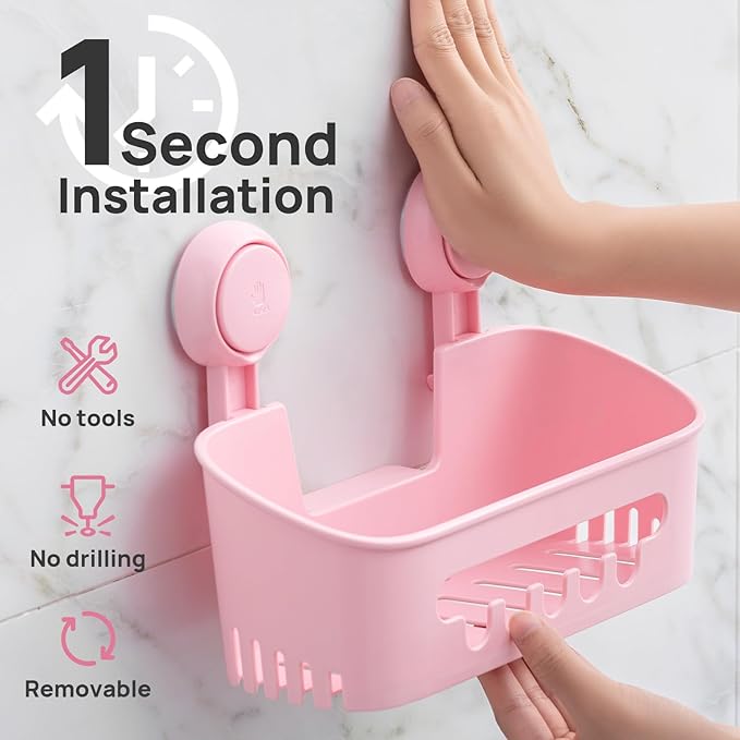LEVERLOC Shower Caddy Suction Cup 2 Pack, Shower Organizer Removable Bathroom Shelf, Storage for Inside Shower Powerful Suction Max Hold 22lbs Waterproof Holder, Pink
