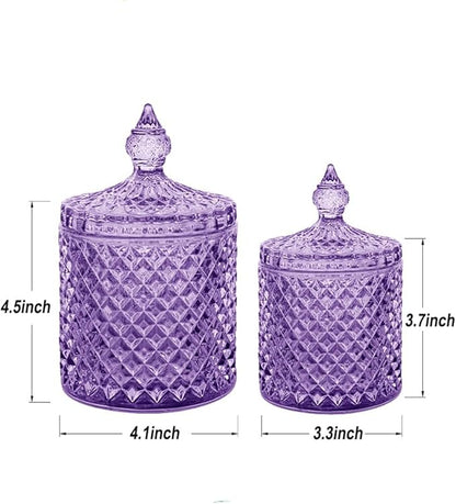 R FLORY 2 Pack Qtip Holder Glass Apothecary Jars with Lids Bathroom Storage Organizer for Cotton Swabs, Balls, Pads, Floss Picks, Vanity Storage Containers for Makeup, Candy, Jewelry (10+24oz, Purple)