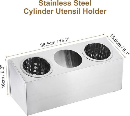 uxcell Kitchen Utensil Holder, Stainless Steel Cylinder Flatware Silverware Utensil Holder with 3 Compartments, Caddy Drying Rack Countertop Silverware Organizer for Buffets (3 Holes)