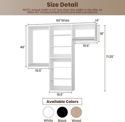 ROOMTEC Modular Closet System, 60" Wall-Mounted Closet Organizer with Hanging Rods, Modern Wooden Tower for Walk-In Closets, Wardrobe Storage Kit, White