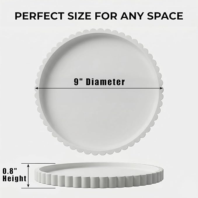 Round Silicone Bathroom Vanity Tray, Decorative Organizer for Soap, Perfume, Candle, Kitchen Countertop, Coffee Table Decor (White, 9")