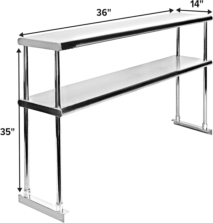 36" x 14" NSF Stainless Steel Double Overshelf | 18-Gauge Heavy-Duty | Includes Brackets