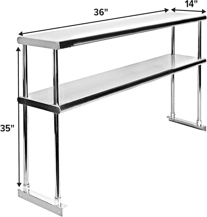 36" x 14" NSF Stainless Steel Double Overshelf | 18-Gauge Heavy-Duty | Includes Brackets