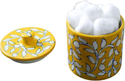 Decorative Bathroom Ceramic Jar with Lid - Dispenser Apothecary Vanity Canister for Cotton Balls, Rounds, Pads, Swabs, Makeup Sponges, Hair Accessories, Q-Tips - Storage Container 4.7x3.5 Inch