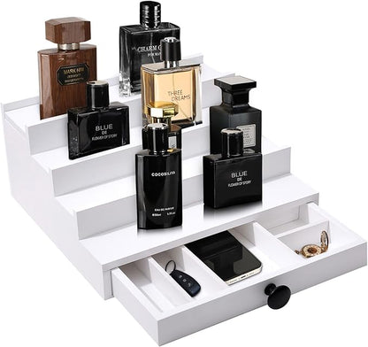 White Cologne Organizer for Men - 4 Tier Wooden Cologne Display Stand with Drawer and Hidden Compartment for Organizing and Storing, Mens Cologne Holder Shelf for Dresser