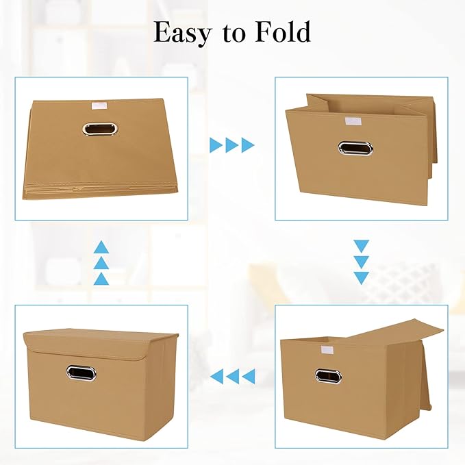 STOREONE Fabric Storage Cube Bins Foldable Organizer Container Collapsible Basket with Lids and Metal Handles, for Home, Bedroom, Closet 3 Pcs (Khaki)