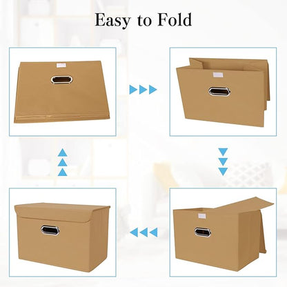 STOREONE Fabric Storage Cube Bins Foldable Organizer Container Collapsible Basket with Lids and Metal Handles, for Home, Bedroom, Closet 3 Pcs (Khaki)