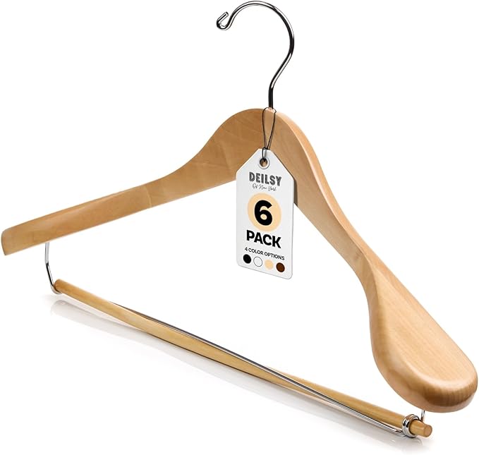 DEILSY™ Natural Suit Hangers for Men with Non-Slip Pants Bar & 360° Swivel Hook - Smooth Finish Wooden Coat Hangers, Heavy Duty Wooden Hanger – Pack of 6