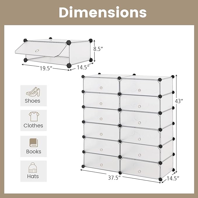 COSTWAY Shoe Rack Organizer, 6 Tier Shoe Shelves with Covers, DIY Design, 24-Pair Stackable Cube Organizer Boxes, Freestanding Shoe Cabinet for Entryway Bedroom Closet Hallway (White)
