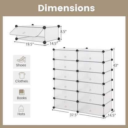 COSTWAY Shoe Rack Organizer, 6 Tier Shoe Shelves with Covers, DIY Design, 24-Pair Stackable Cube Organizer Boxes, Freestanding Shoe Cabinet for Entryway Bedroom Closet Hallway (White)