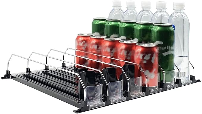Drink Organizer for Fridge, Soda Can Dispenser for Refrigerator, Black Pushing Drink Organizer, Drink Dispenser for Beer Pop Can Water Bottle Dispenser (38cm)