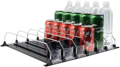 Drink Organizer for Fridge, Soda Can Dispenser for Refrigerator, Black Pushing Drink Organizer, Drink Dispenser for Beer Pop Can Water Bottle Dispenser (31cm)