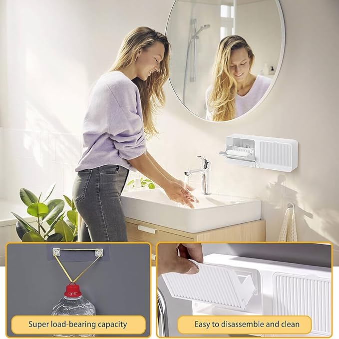 Soap Holder with Hooks, 2-in-1 Wall Mounted Soap Dish, No Drilling Soap Bar Holder with Self Draining to Keep Soap Bars Dry, Suit for Shower, Bathroom and Kitchen(White)