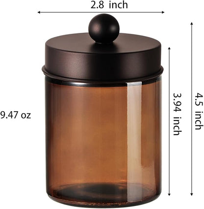 Amber Glass Qtip Holder, Apothecary Jars with brown Metal Lid & Stickers-Bathroom Qtip Dispenser Storage Organizer Set,Vanity Counter Canister for Cotton Swabs,Round Pads,Floss (3 Pack,bronze)