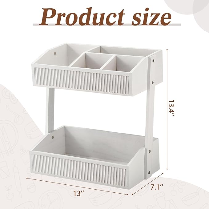 Novabright 2 Tier Paper Plate Dispenser for Kitchen Counter, Paper Plate Organizer, Rustic Wooden Utensil Holder for Party Countertop Cutlery Flatware Storage Rack for Napkin Cup Spoon Fork(White)