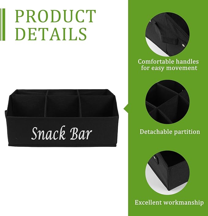 Snack Organizer for Countertop, Trapezoid Fabric Snack Bin Holder with Side Handles, 6 Compartment Snack Basket Container, Lightweight Snack Bar Station Organizer, Kitchen Pantry Storage-Black