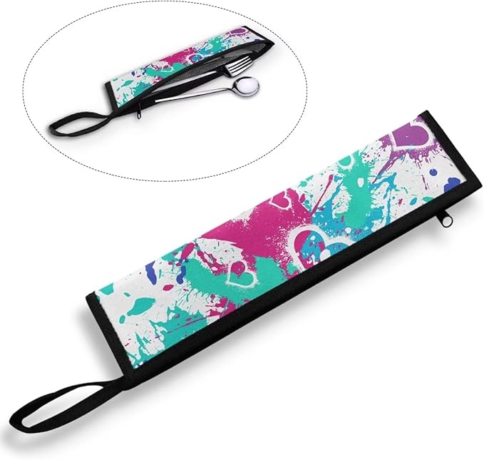 COEQINE Travel Silverware Case Lovely Heart Travel Utensil Carrying Case With Handles Leafproof Lightweight Flatware Organzier For Travel Washable Machine Doodle