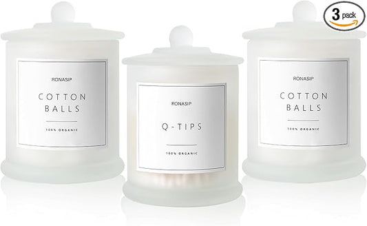 Ronasip 3 Pack Qtip Holder Dispenser, 16oz Bathroom Organizer and Storage Canisters, Glass Apothecary Jars with Lid - Home Decor, Room Decor Aesthetic (Frosted White)