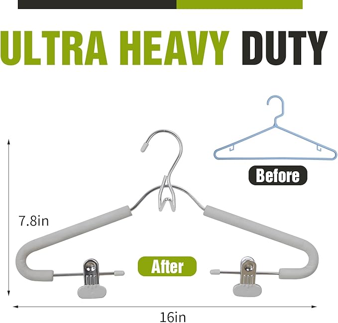 Spring Fever Foam Padded Clothes Hangers with Clips Hooks - Sponge Non Slip Chrome Plating Heavy Duty Space Saving for Women Men Pants Coat Green-Grey 5 Pack