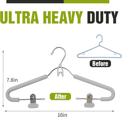 Spring Fever Foam Padded Clothes Hangers with Clips Hooks - Sponge Non Slip Chrome Plating Heavy Duty Space Saving for Women Men Pants Coat Green-Grey 5 Pack