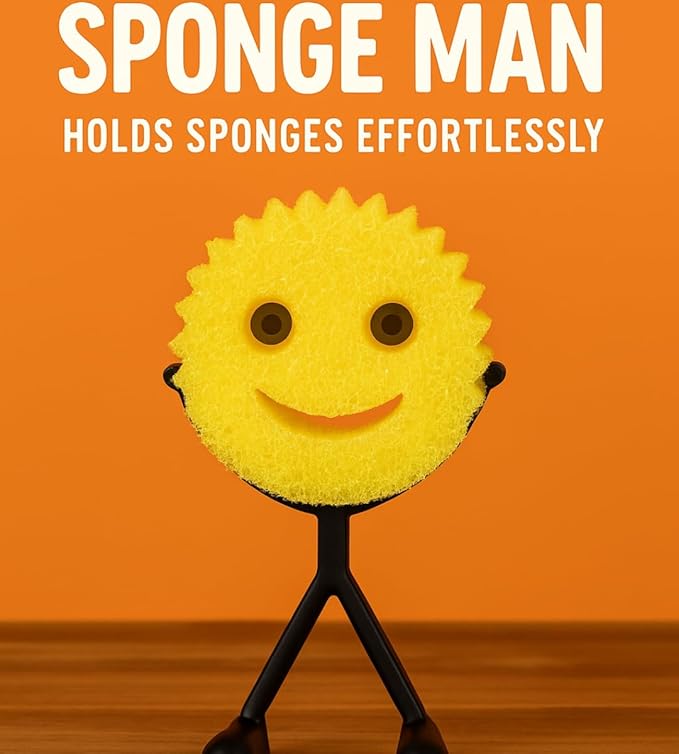 Sponge Man Holder for Scrub Daddy | Funny Stick Figure Sink Organizer with Suction Cups for Easy Sink Attachment | Compatible with Scrub Daddy Scrubbers | Made in USA (Black w/Suction Cups)