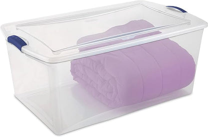 105 Quart Clear Plastic Latching Storage Bin, Large Stackable Container with Blue Latches & Clear Lid
