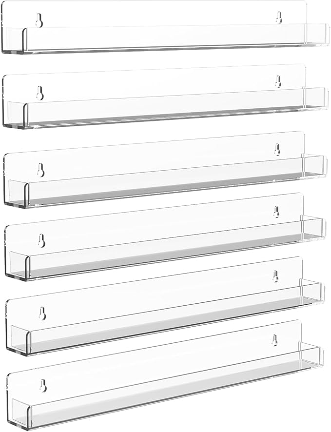 Nail Polish Shelf Wall Acrylic Clear 15 Inch Rack Sunglass Organizer Multi-Purpose Floating Shelves for Beauty Salons Retailer Dressing Room (6 PCs)