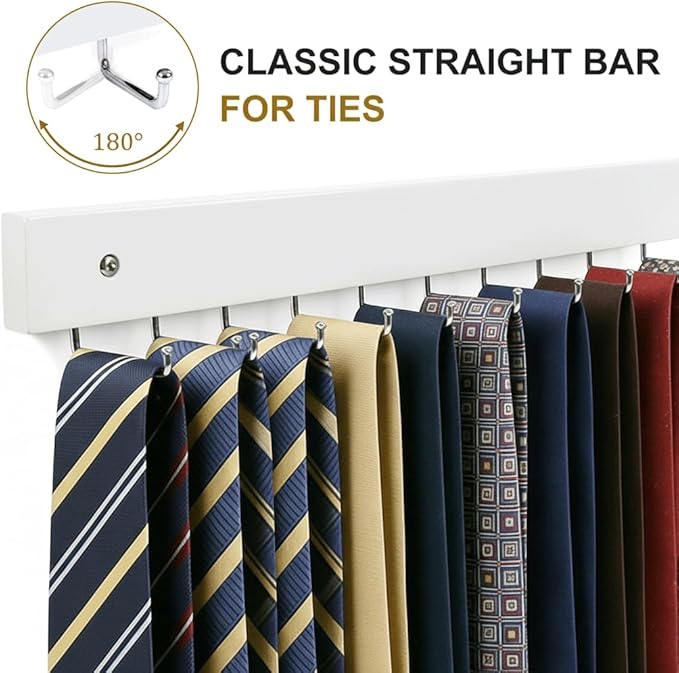 Wall Mounted Tie & Belt Rack Organizer - 2 Pack, 28 Hooks Hold 40 Ties & 40 Belts, 180° Rotating Space Saving Design, Sturdy Wood Decorative Wall Storage (White)