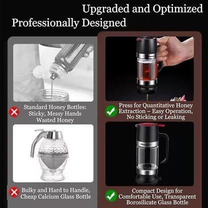 Honey Dispenser No Drip with Base, 12oz Glass Honey Dispenser with Handle, Pressure Design for Quantitative Honey Extraction Syrup and Jam (Yellow)
