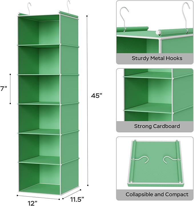 MAX Houser 6-Shelf Hanging Closet Organizer, Hanging Storage Shelves with 2 Sturdy Hooks Space-Saving for Bedroom, Foldable (Green)