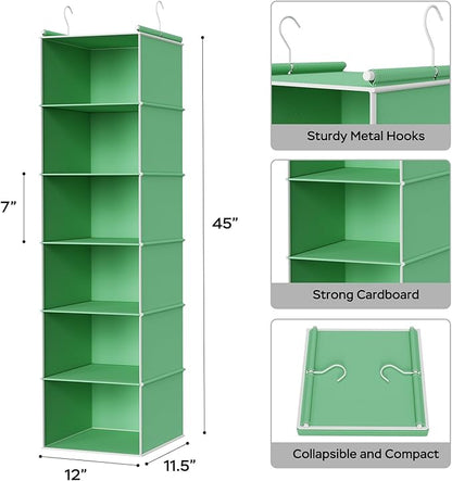 MAX Houser 6-Shelf Hanging Closet Organizer, Hanging Storage Shelves with 2 Sturdy Hooks Space-Saving for Bedroom, Foldable (Green)