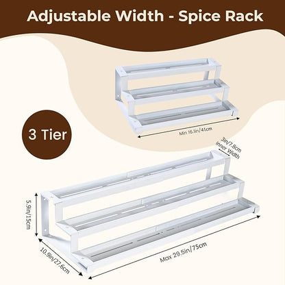 Expandable Spice Rack Organizer for Cabinet, 3 Tier Metal Spice Organization,16"-29.5" Wide Adjustable Seasoning Organizer, Display Shelf, Canned Goods Organizer for Pantry Kitchen Countertop, White