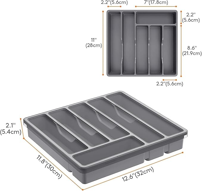 Organizer with Lid, 6 Compartments Covered Utensil Tray for Kitchen Drawer and Countertop, Plastic Cutlery and Flatware Storage Box for Spoons Forks Knives Holder Case, Grey