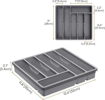 Organizer with Lid, 6 Compartments Covered Utensil Tray for Kitchen Drawer and Countertop, Plastic Cutlery and Flatware Storage Box for Spoons Forks Knives Holder Case, Grey