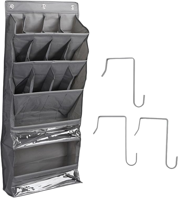 Over The Door Shoe Bag with Pockets | 600D Oxford Fabric Breathable Hanging Storage | Space Saving Shoe Rack for Closet/Dorm/Entryway | Multi - Purpose Organizer, Hooks (Gray)