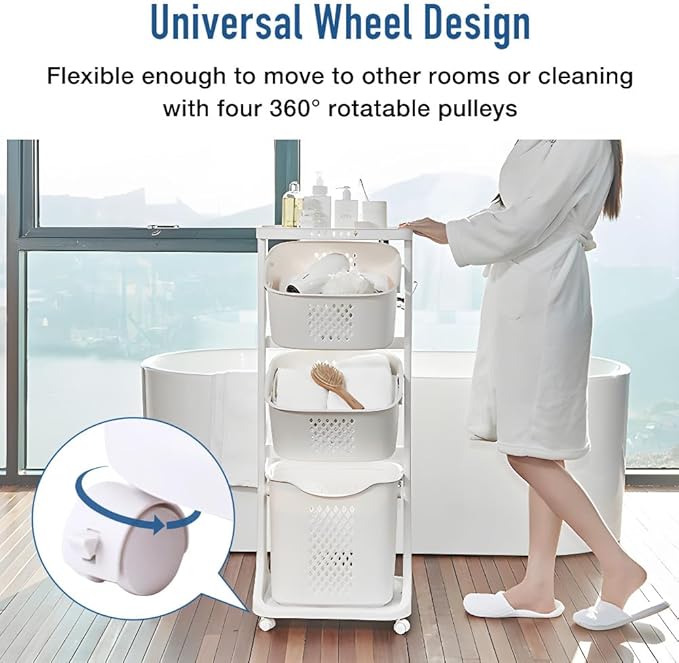 Japard 83 Litres Rolling Laundry Hamper Ultra Slim, Vertical 3 Sorter Cart with Wheels and Breaks, 3-tier Baskets Detachable for Dorm, Closet, Easy Assembly White Gray
